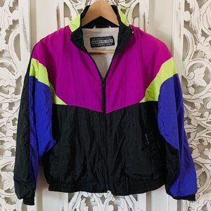 Vintage 80s 90s Windbreaker Kids Unisex Medium Purple Color Block Neon Jacket